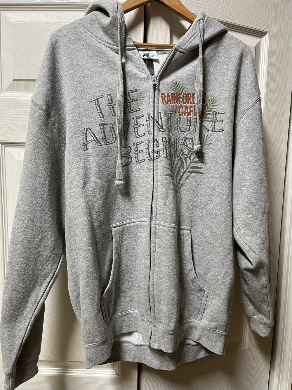RAINFOREST Cafe Light Gray Zip-Up Large Hoodie with Botanical Graphic